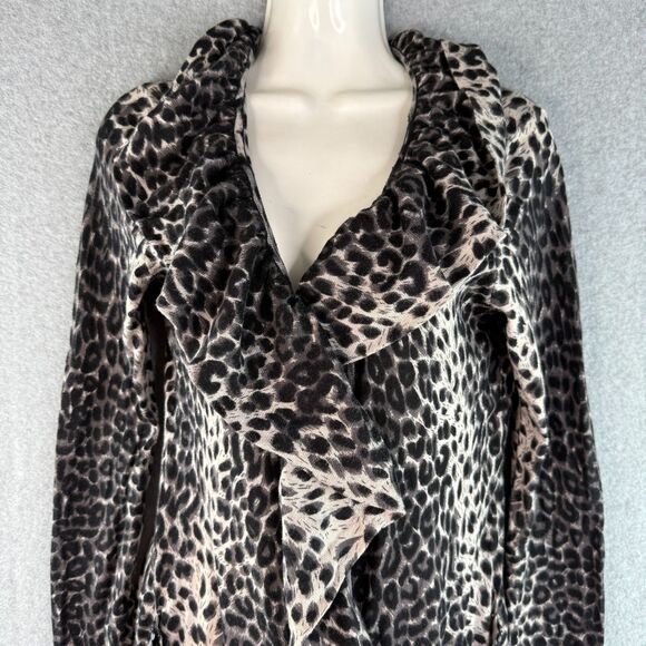 Y2K Leopard Print Black/White Long Sleeve Cardigan Ruffled Collar Size M - Picture 2 of 7